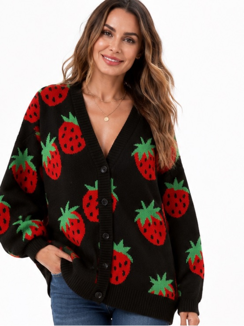 189.New Black Strawberry Print V-Neck Button Cardigan Sweater oversized